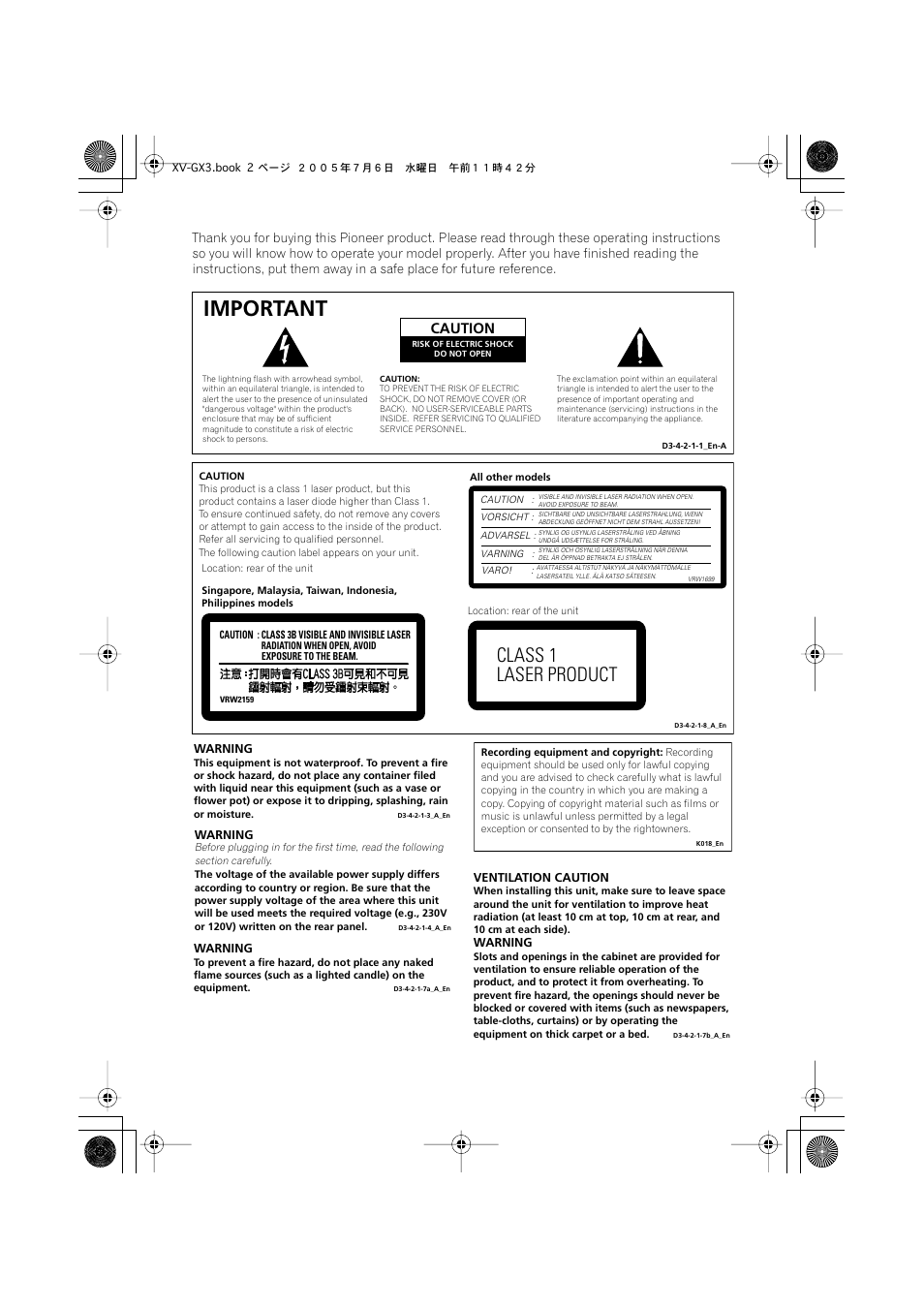 Important, Class 1 laser product, Caution | Pioneer S-GX3V User Manual | Page 2 / 44