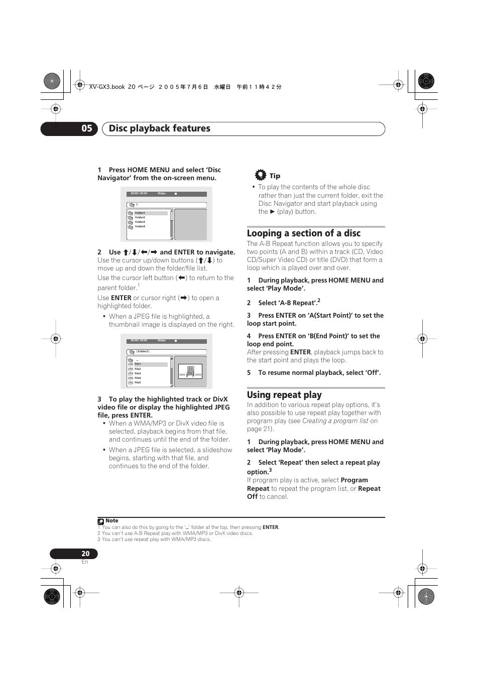 Looping a section of a disc, Using repeat play, Disc playback features 05 | Pioneer S-GX3V User Manual | Page 20 / 44