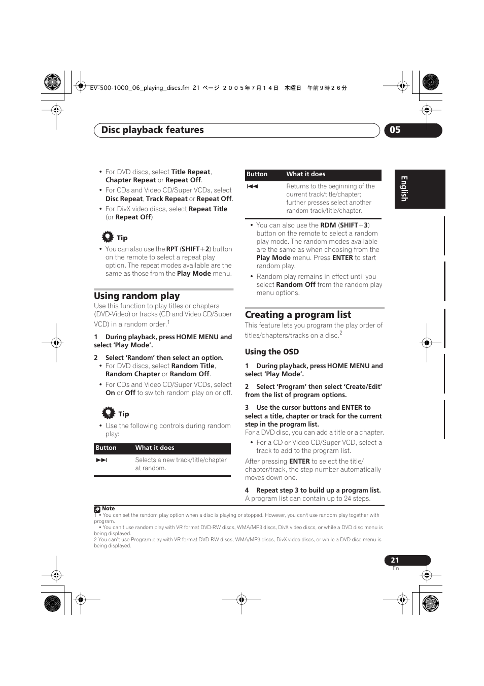 Using random play, Creating a program list, Using the osd | Disc playback features 05 | Pioneer S-GX3V User Manual | Page 21 / 44