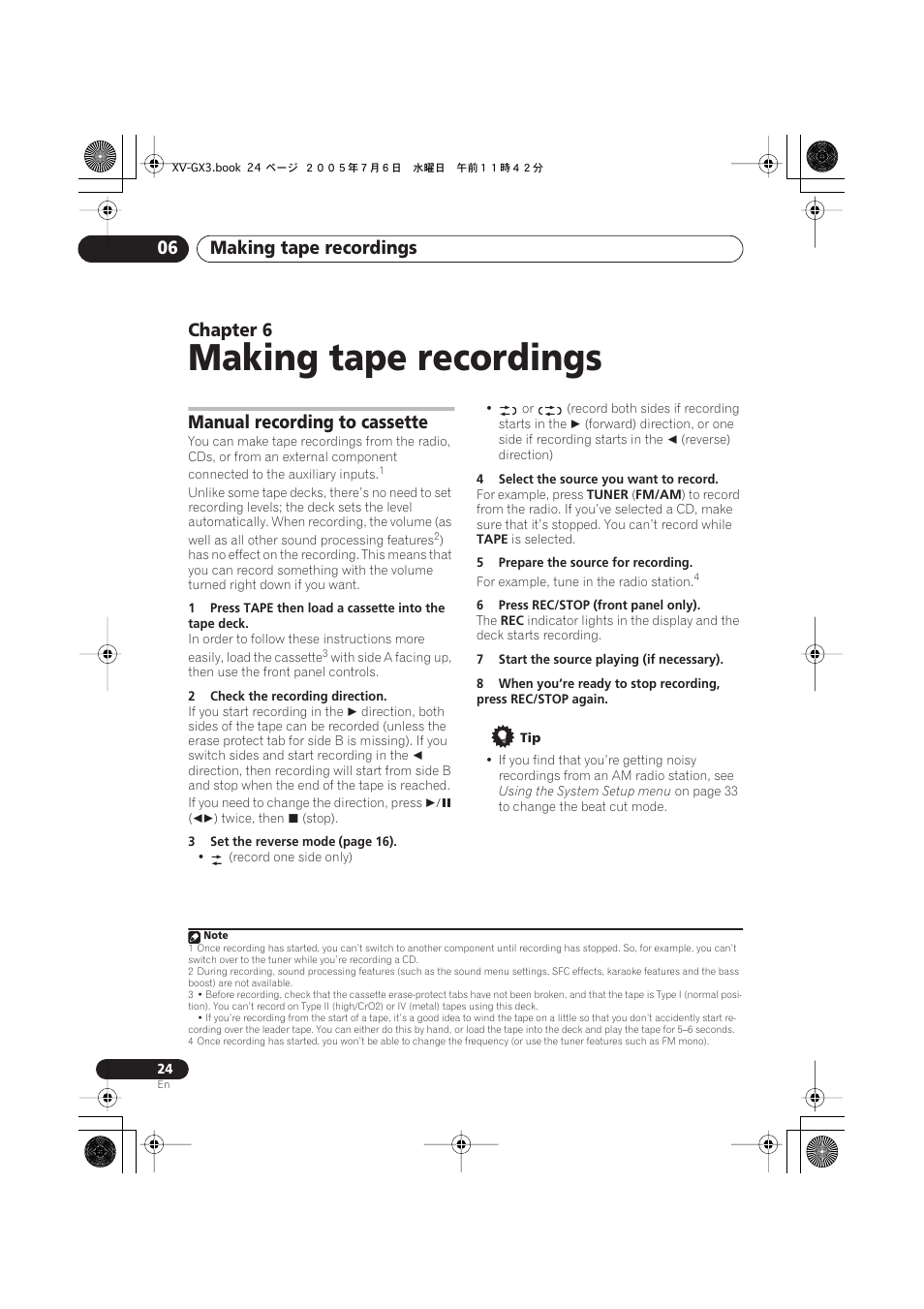 06 making tape recordings, Manual recording to cassette, Making tape recordings | Making tape recordings 06, Chapter 6 | Pioneer S-GX3V User Manual | Page 24 / 44
