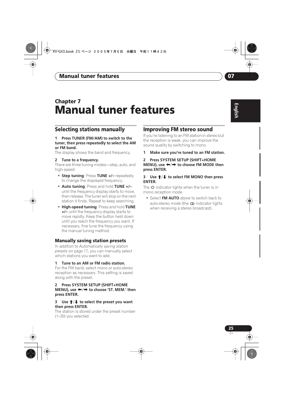 Manually saving station presets, Improving fm stereo sound, Manual tuner features | Manual tuner features 07, Chapter 7, Selecting stations manually | Pioneer S-GX3V User Manual | Page 25 / 44