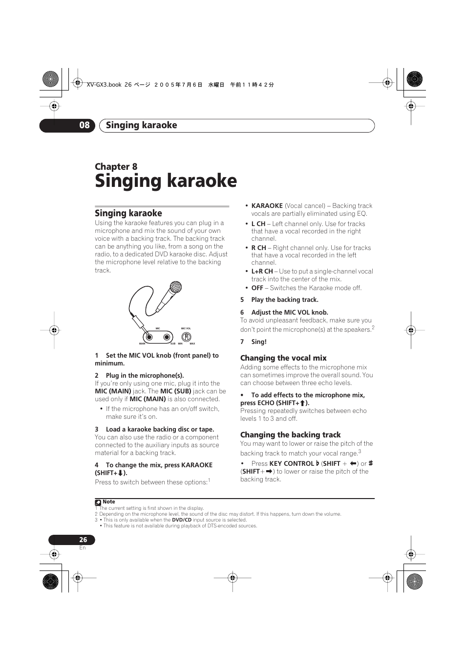 08 singing karaoke singing karaoke, Changing the vocal mix, Changing the backing track | Singing karaoke, Singing karaoke 08, Chapter 8 | Pioneer S-GX3V User Manual | Page 26 / 44