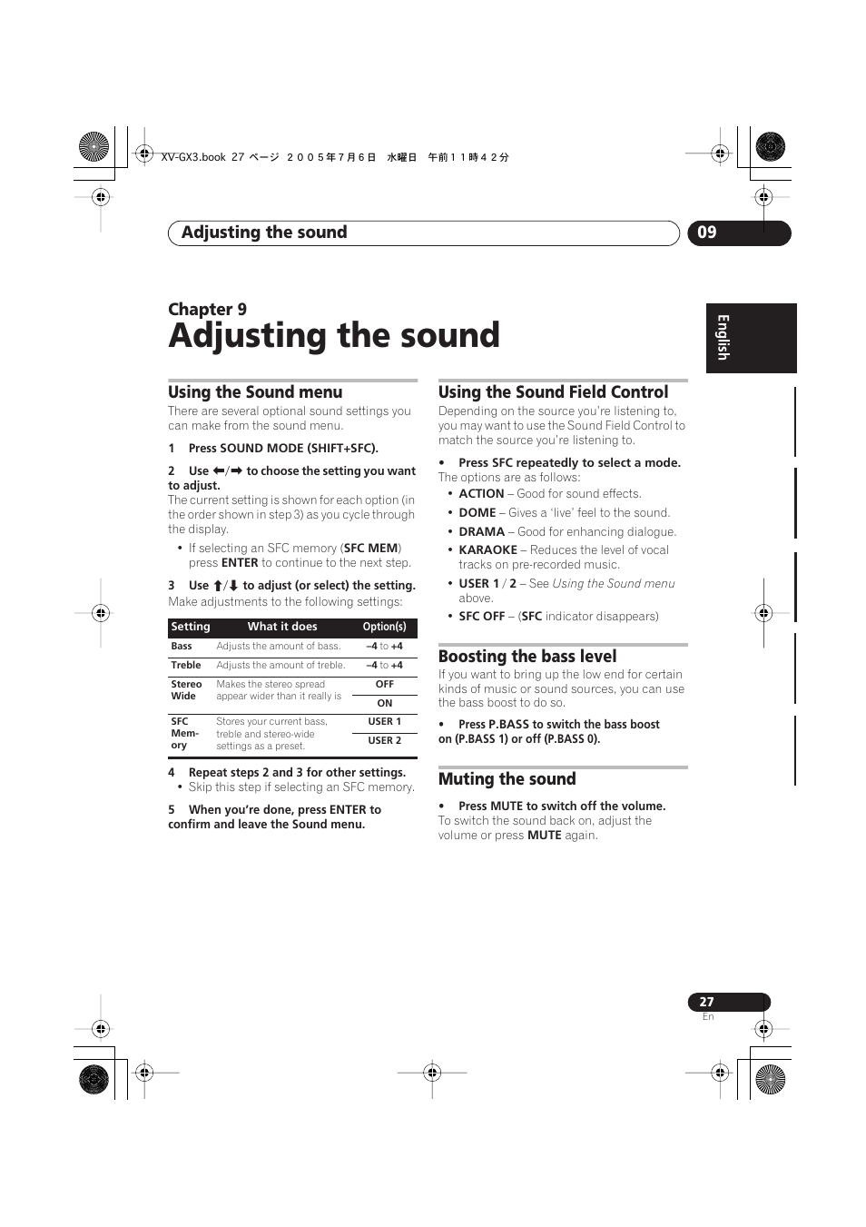 09 adjusting the sound using the sound menu, Using the sound field control, Boosting the bass level | Muting the sound, Adjusting the sound, Adjusting the sound 09, Chapter 9, Using the sound menu | Pioneer S-GX3V User Manual | Page 27 / 44