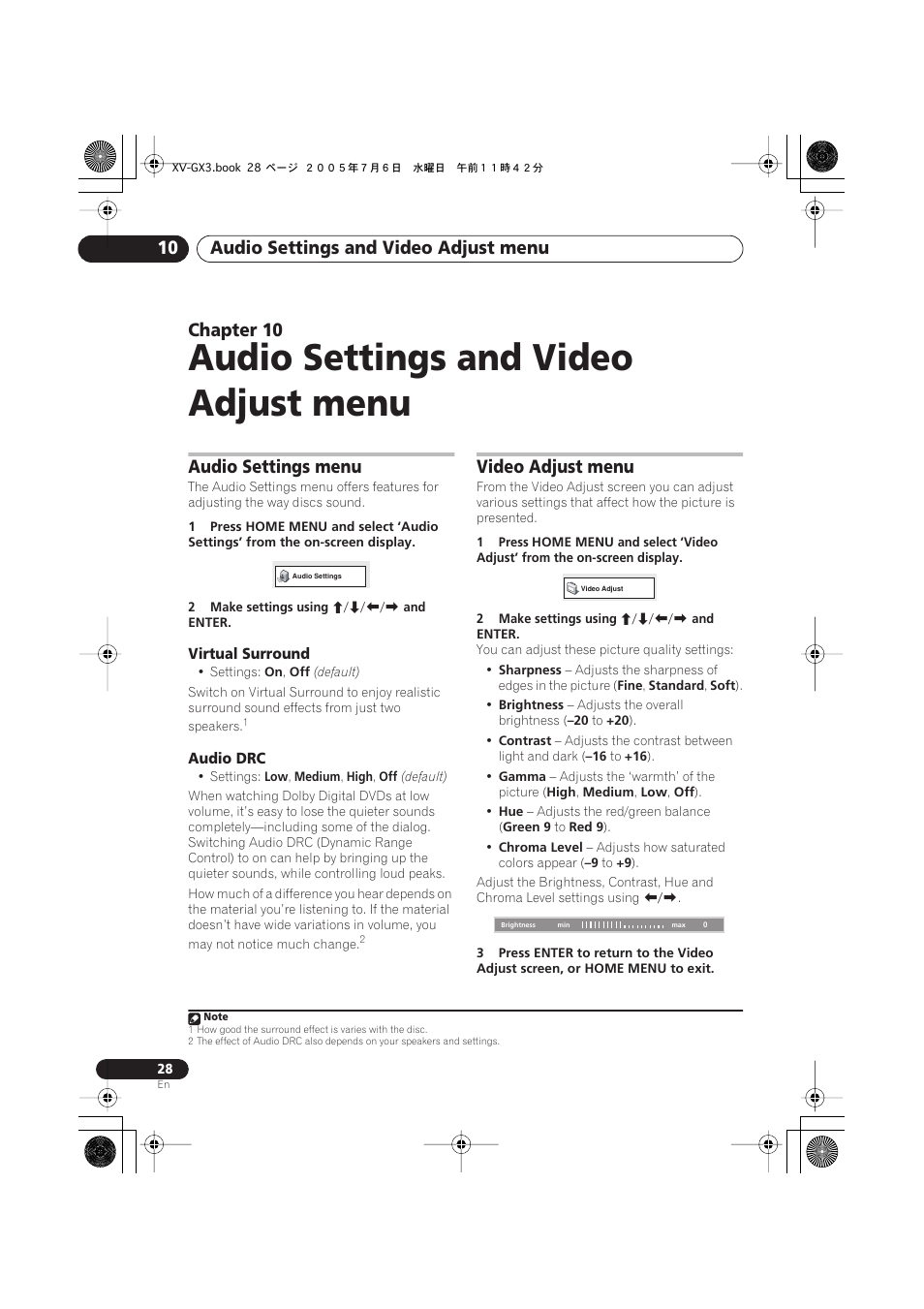 Virtual surround, Audio drc, Video adjust menu | Audio settings and video adjust menu, Audio settings and video adjust menu 10, Chapter 10, Audio settings menu | Pioneer S-GX3V User Manual | Page 28 / 44