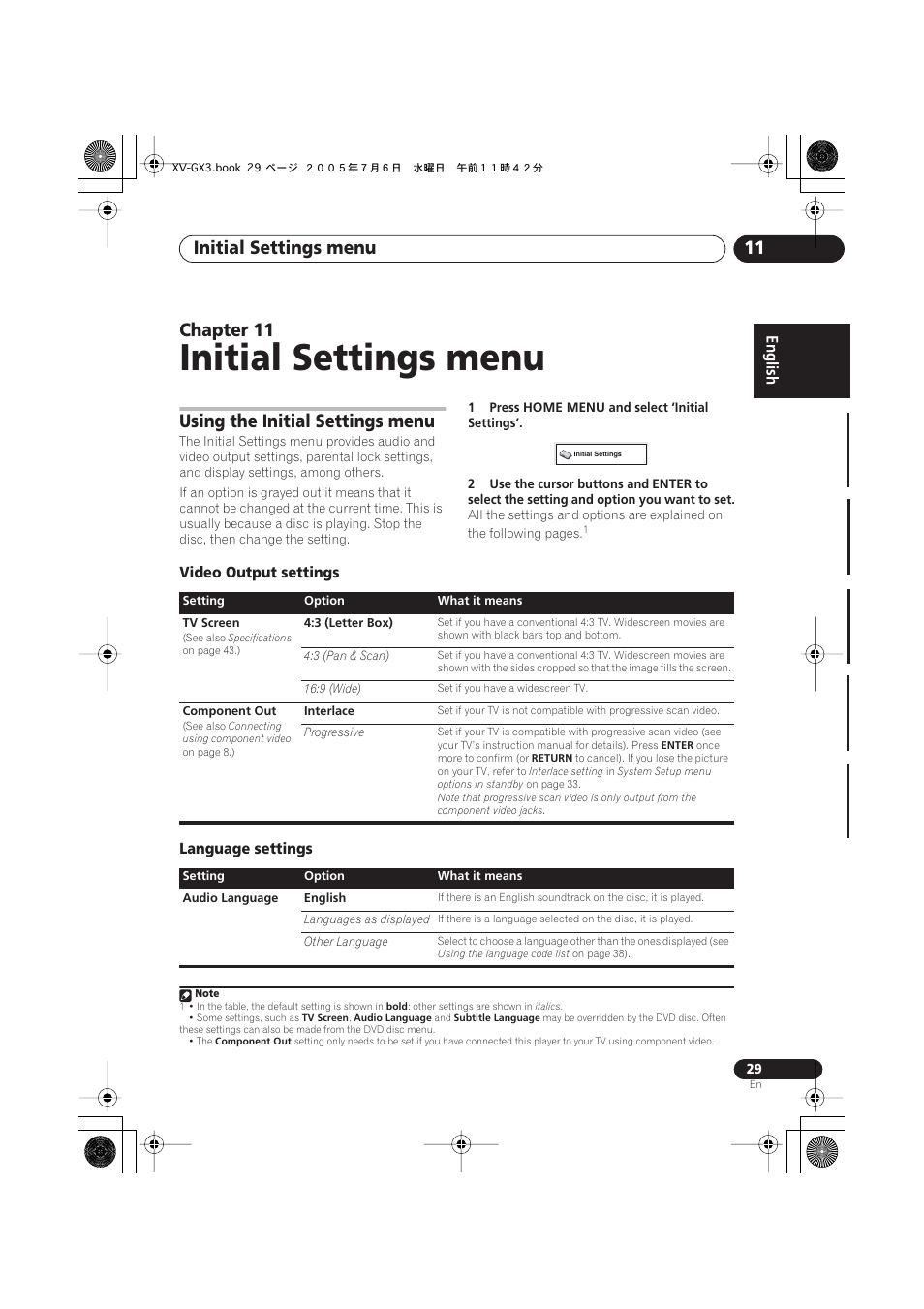 Using the initial settings menu, Video output settings, Language settings | Initial settings menu, Initial settings menu 11, Chapter 11, Video output settings language settings | Pioneer S-GX3V User Manual | Page 29 / 44