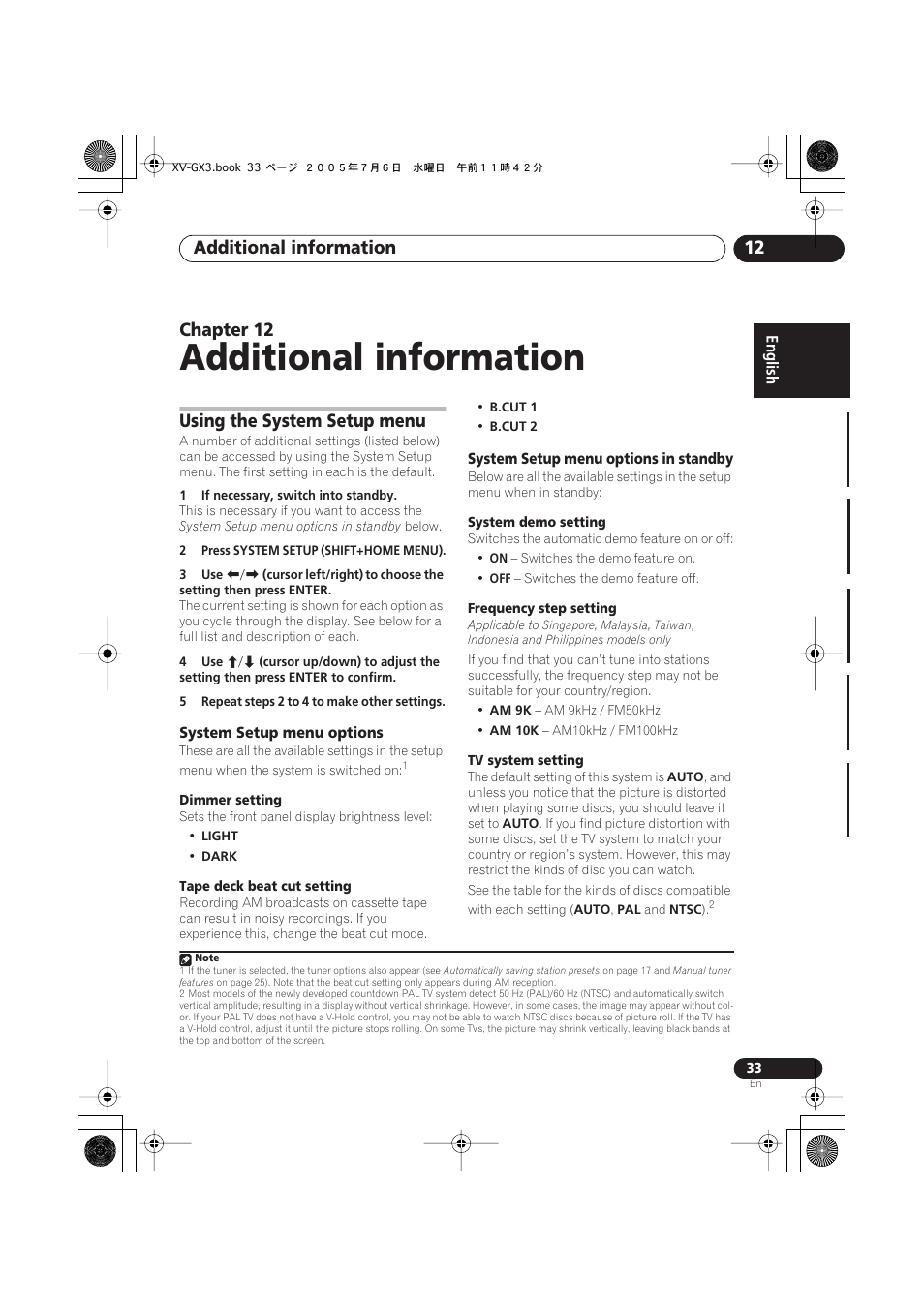 System setup menu options, System setup menu options in standby, Additional information | Additional information 12, Chapter 12, Using the system setup menu | Pioneer S-GX3V User Manual | Page 33 / 44