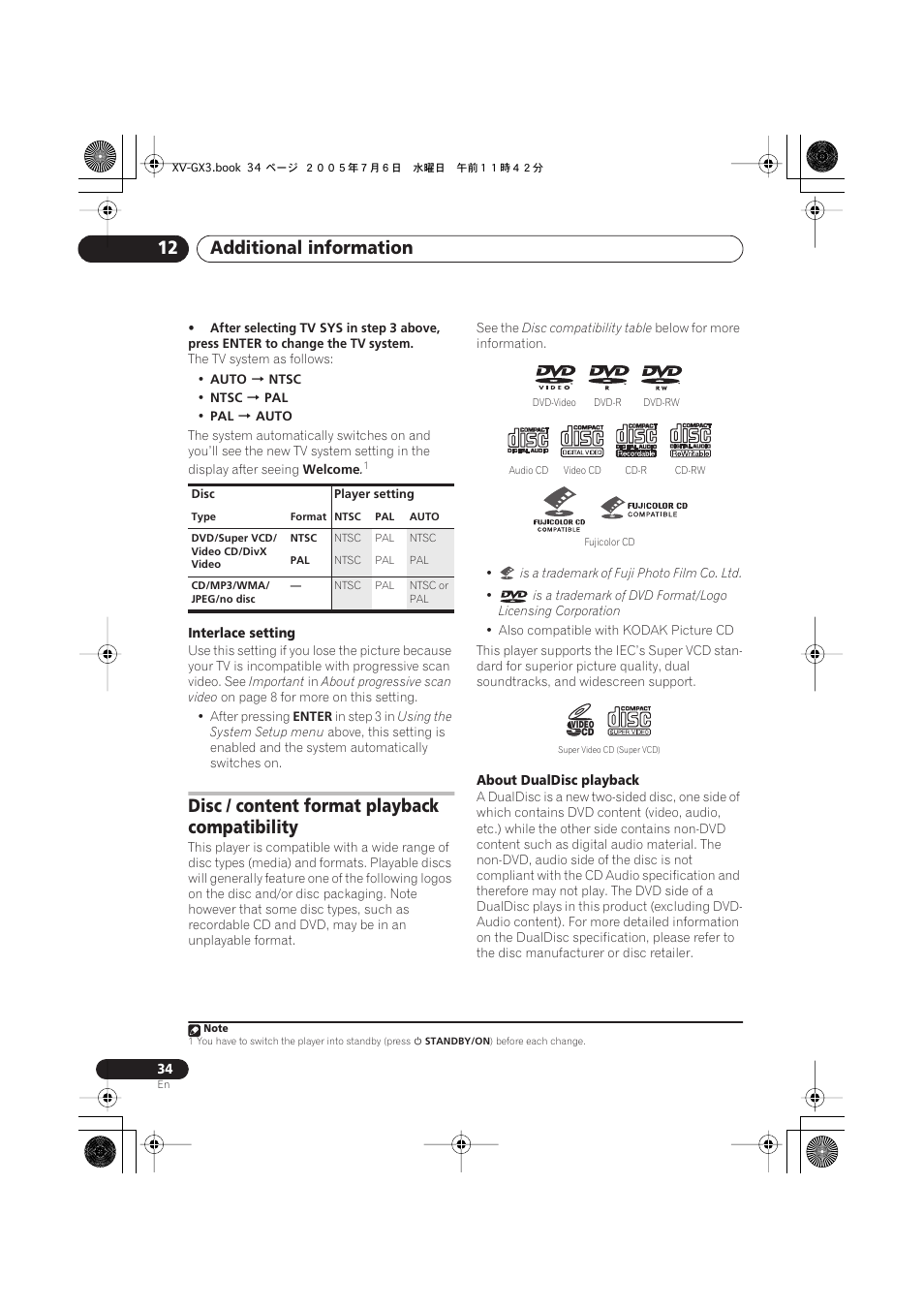 Disc / content format playback compatibility, Additional information 12 | Pioneer S-GX3V User Manual | Page 34 / 44