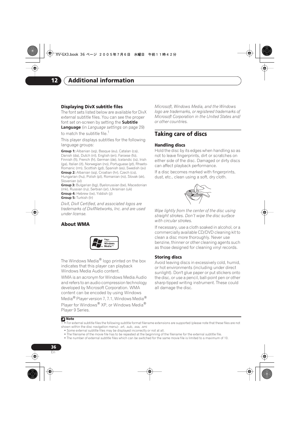 About wma, Taking care of discs, Additional information 12 | Pioneer S-GX3V User Manual | Page 36 / 44