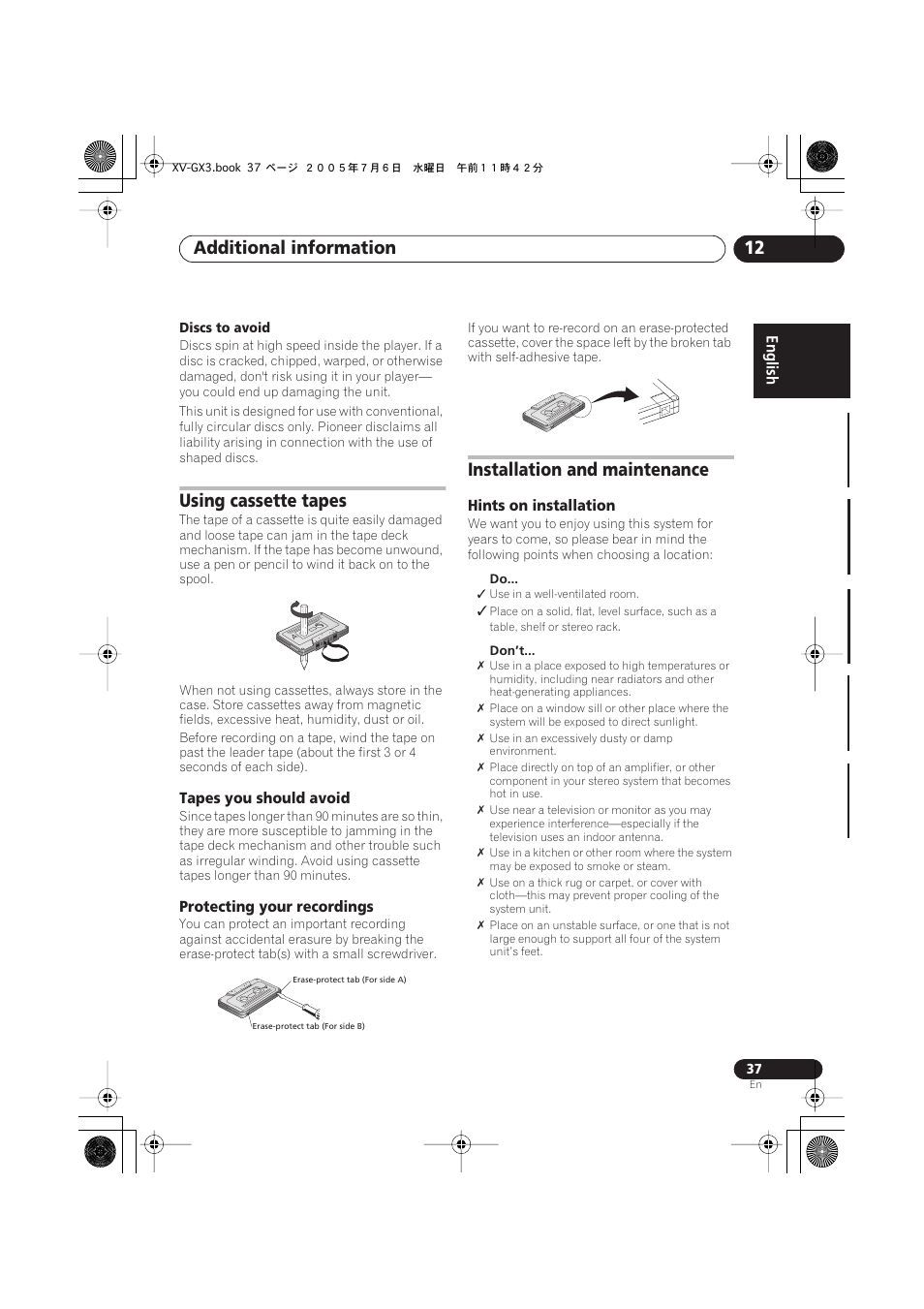 Using cassette tapes, Tapes you should avoid, Protecting your recordings | Installation and maintenance, Hints on installation, Additional information 12 | Pioneer S-GX3V User Manual | Page 37 / 44