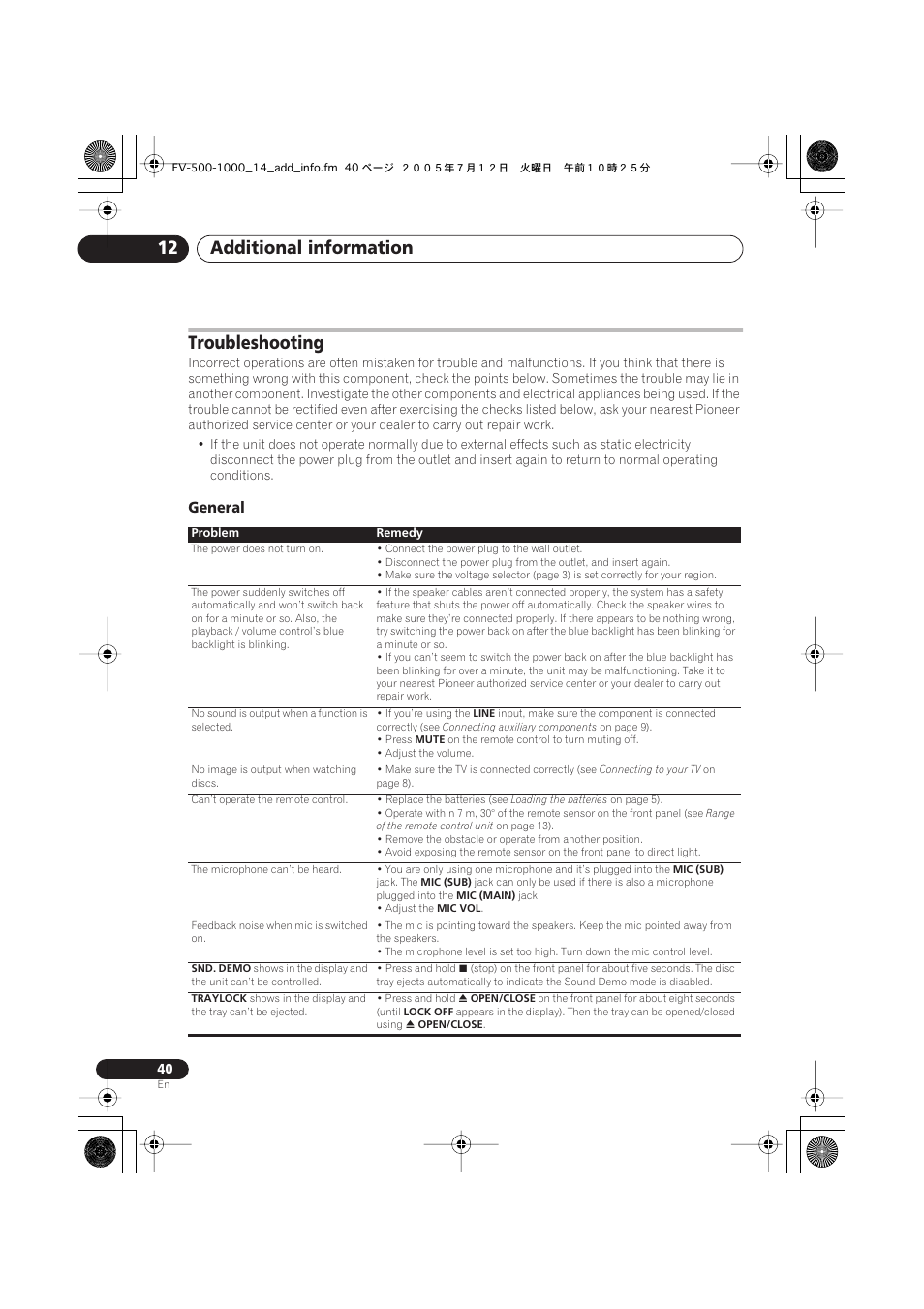 Troubleshooting, General, Additional information 12 | Pioneer S-GX3V User Manual | Page 40 / 44