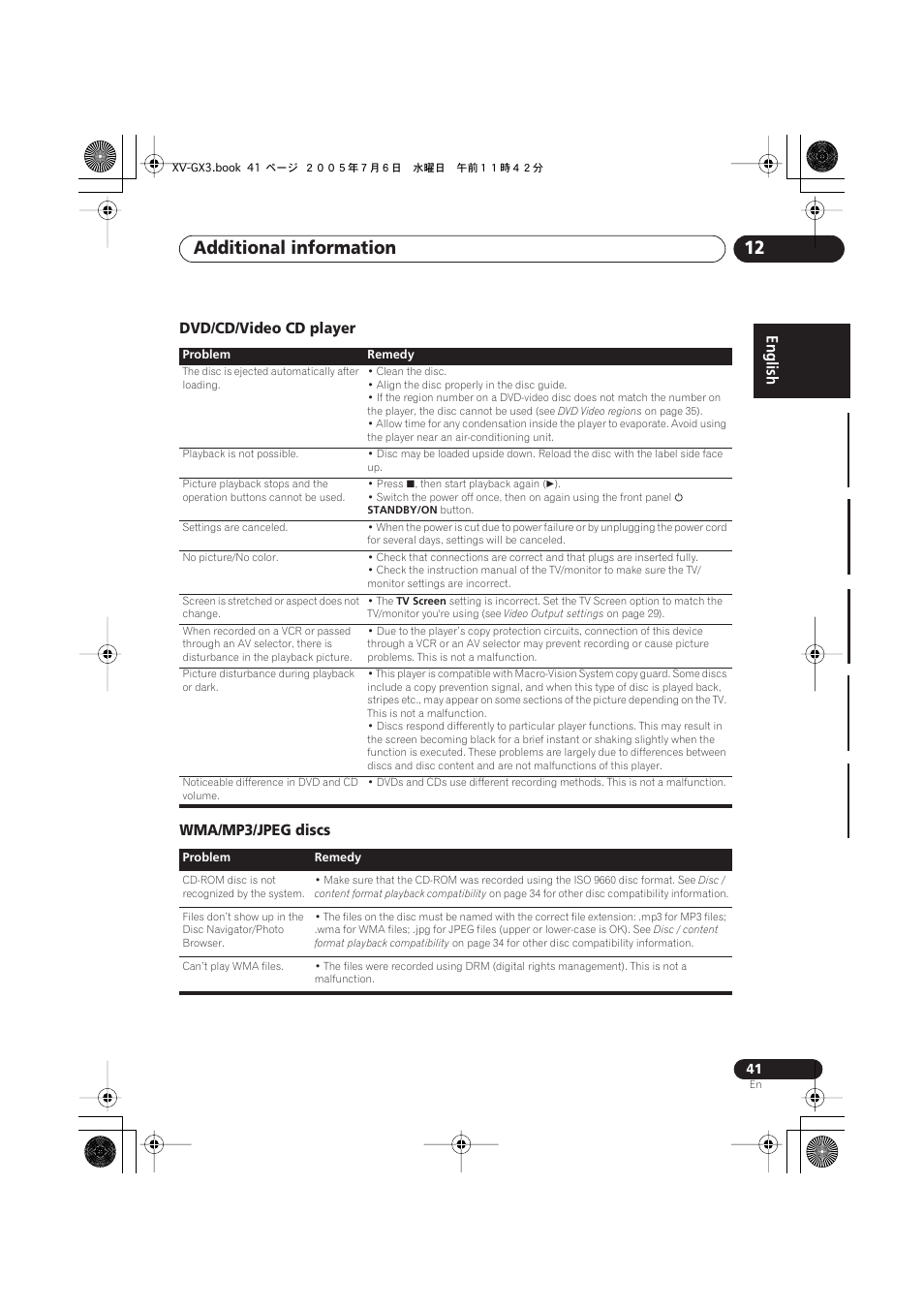 Dvd/cd/video cd player, Wma/mp3/jpeg discs, Additional information 12 | Dvd/cd/video cd player wma/mp3/jpeg discs | Pioneer S-GX3V User Manual | Page 41 / 44