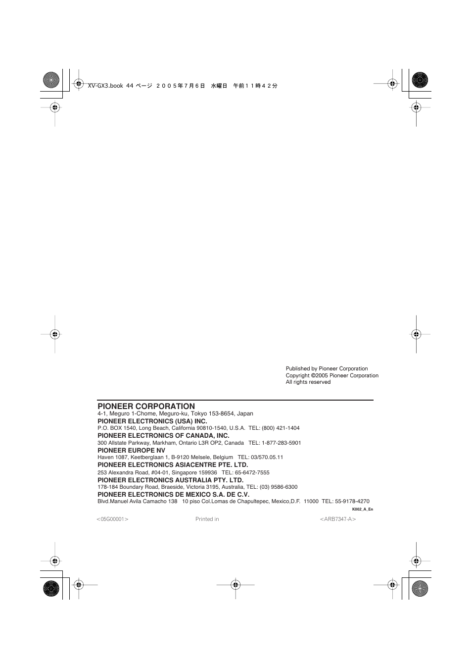 Pioneer corporation | Pioneer S-GX3V User Manual | Page 44 / 44