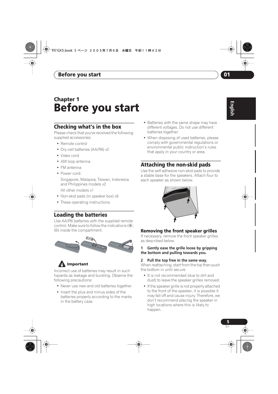 01 before you start, Checking what’s in the box, Loading the batteries | Attaching the non-skid pads, Removing the front speaker grilles, Before you start, Before you start 01, Chapter 1 | Pioneer S-GX3V User Manual | Page 5 / 44