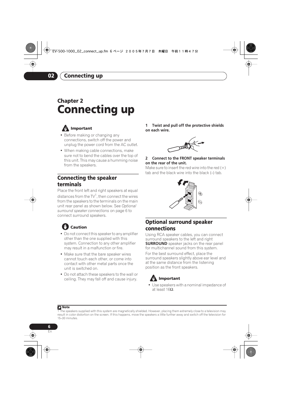 02 connecting up, Connecting the speaker terminals, Optional surround speaker connections | Connecting up, Connecting up 02, Chapter 2 | Pioneer S-GX3V User Manual | Page 6 / 44