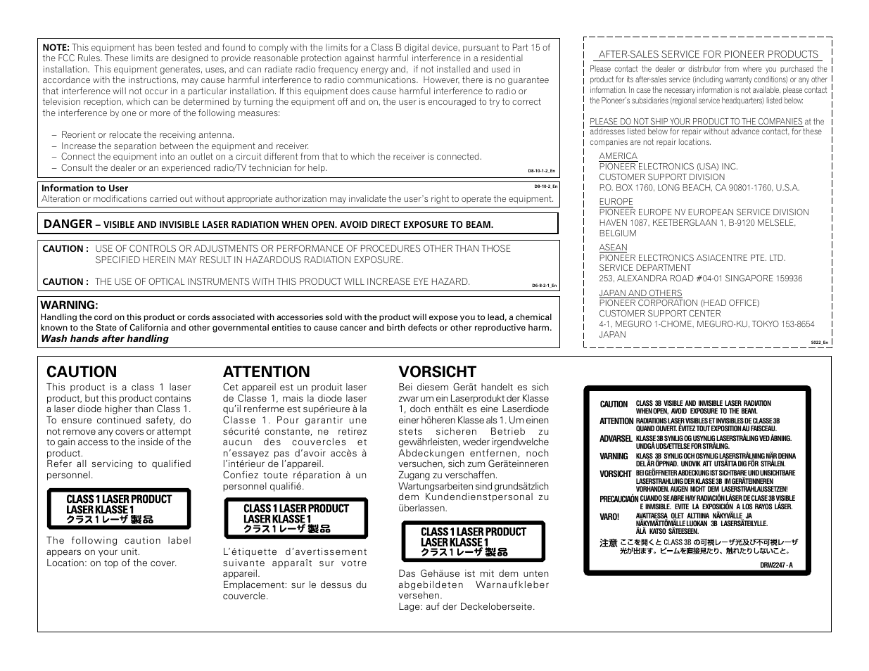 Attention, Vorsicht, Caution | Danger | Pioneer DVD/CD Writer DVR-109 User Manual | Page 2 / 8