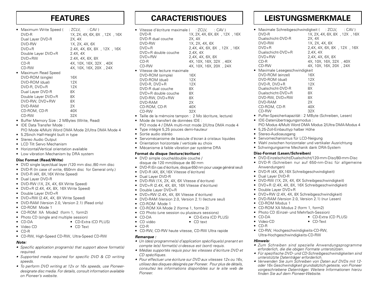 Leistungsmerkmale, Caracteristiques, Features | Pioneer DVD/CD Writer DVR-109 User Manual | Page 4 / 8
