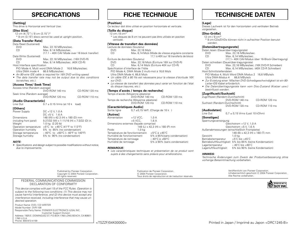 Specifications, Fiche technique, Technische daten | Pioneer corporation | Pioneer DVD/CD Writer DVR-109 User Manual | Page 8 / 8