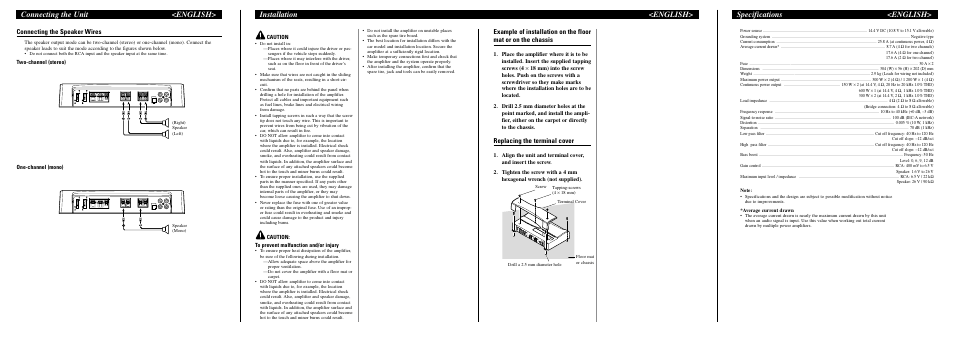 Connecting the unit <english, Installation <english> specifications <english, Connecting the speaker wires | Replacing the terminal cover | Pioneer Premier PRS-D2000T User Manual | Page 3 / 6