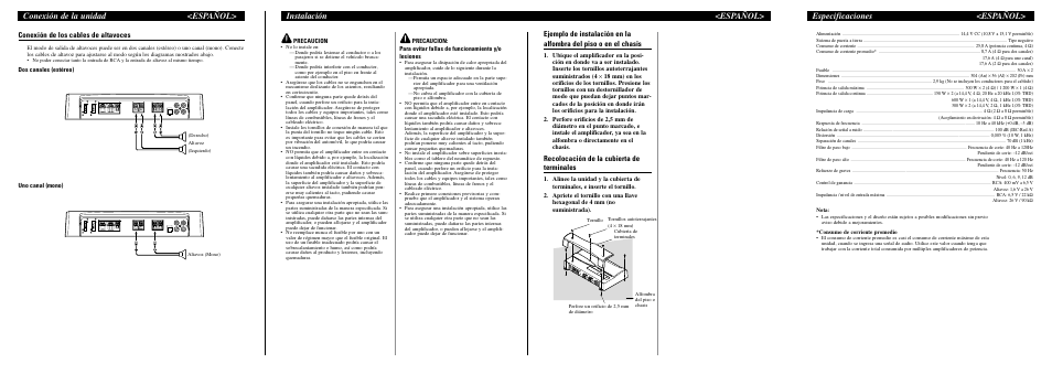Especificaciones <español, Recolocación de la cubierta de terminales, Conexión de los cables de altavoces | Pioneer Premier PRS-D2000T User Manual | Page 6 / 6