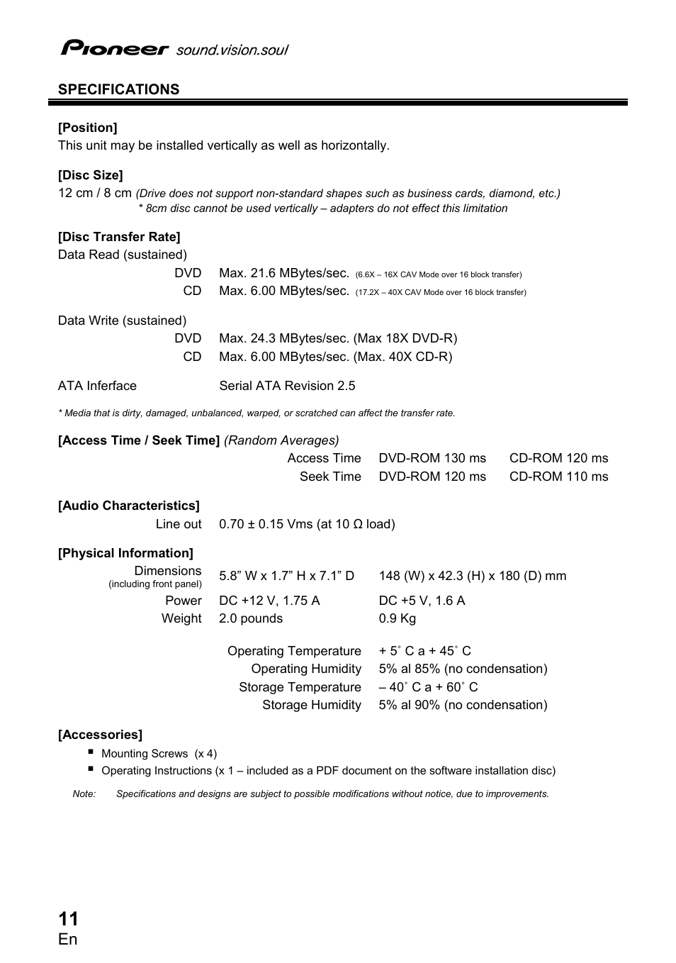 Specifications | Pioneer DVR-2810 User Manual | Page 12 / 32