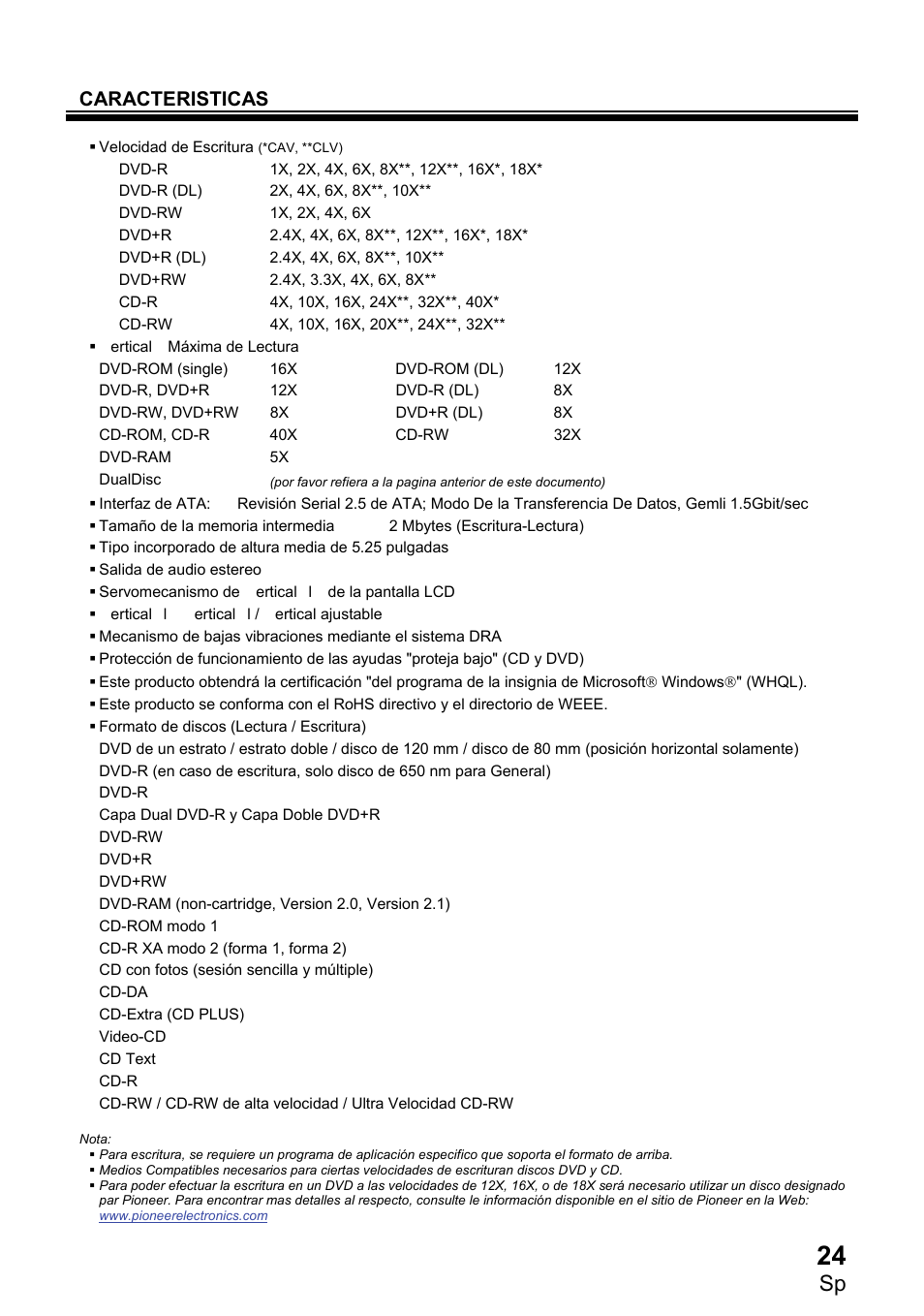 Caracteristicas | Pioneer DVR-2810 User Manual | Page 25 / 32