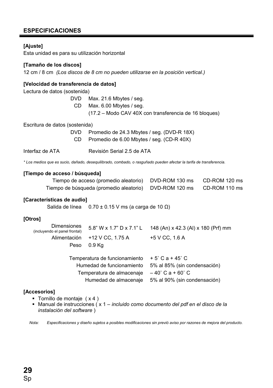 Especificaciones | Pioneer DVR-2810 User Manual | Page 30 / 32