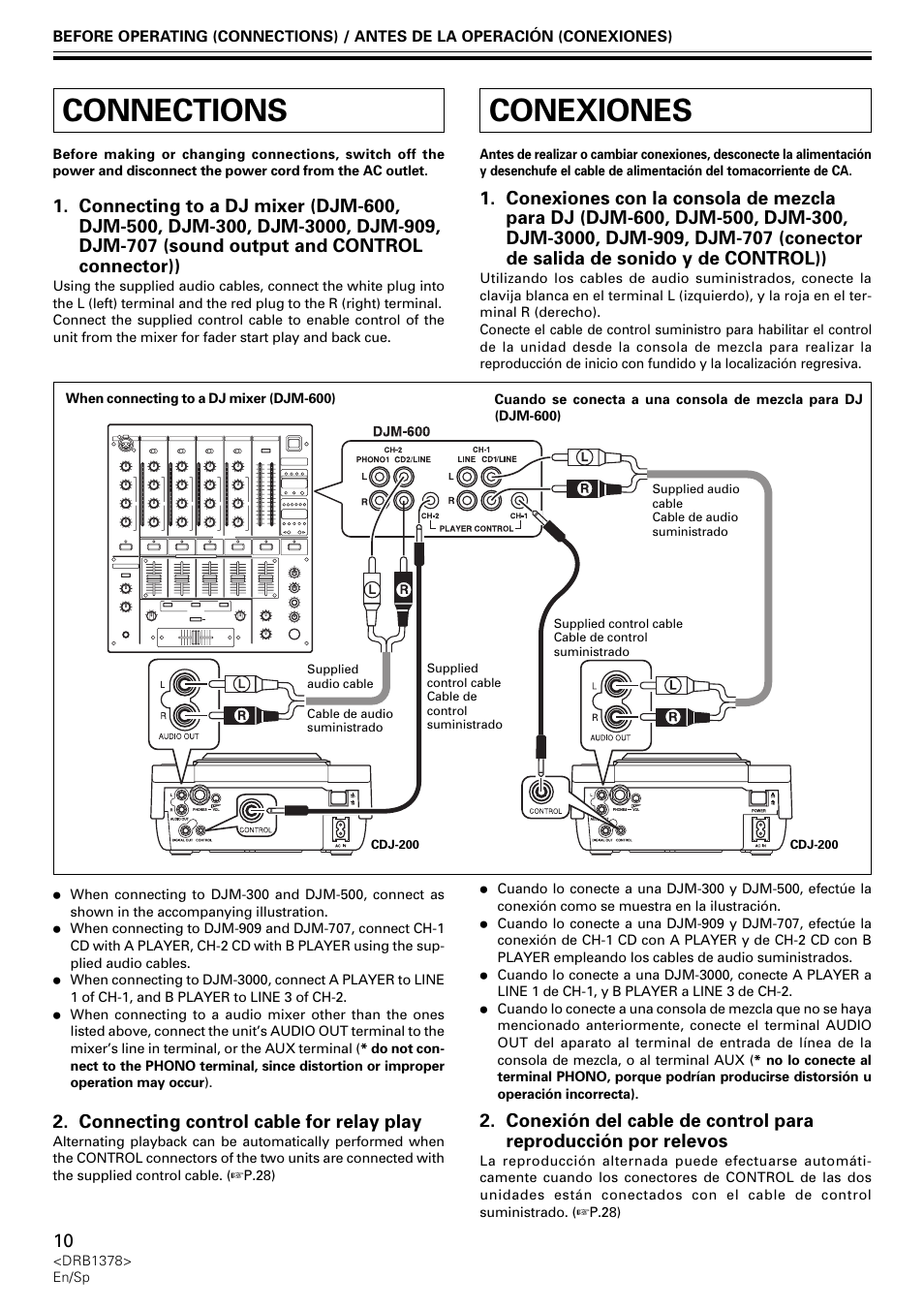 Connections, Conexiones, Connecting control cable for relay play | Pioneer CDJ-200 User Manual | Page 10 / 48