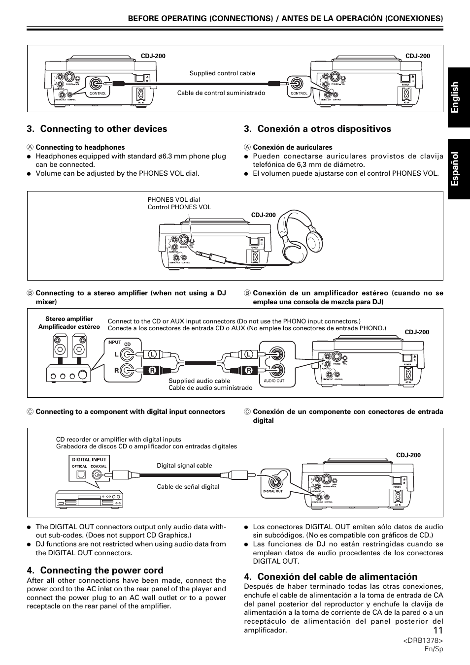 English espa ñ ol 3. connecting to other devices, Connecting the power cord, Conexión a otros dispositivos | Conexión del cable de alimentación | Pioneer CDJ-200 User Manual | Page 11 / 48