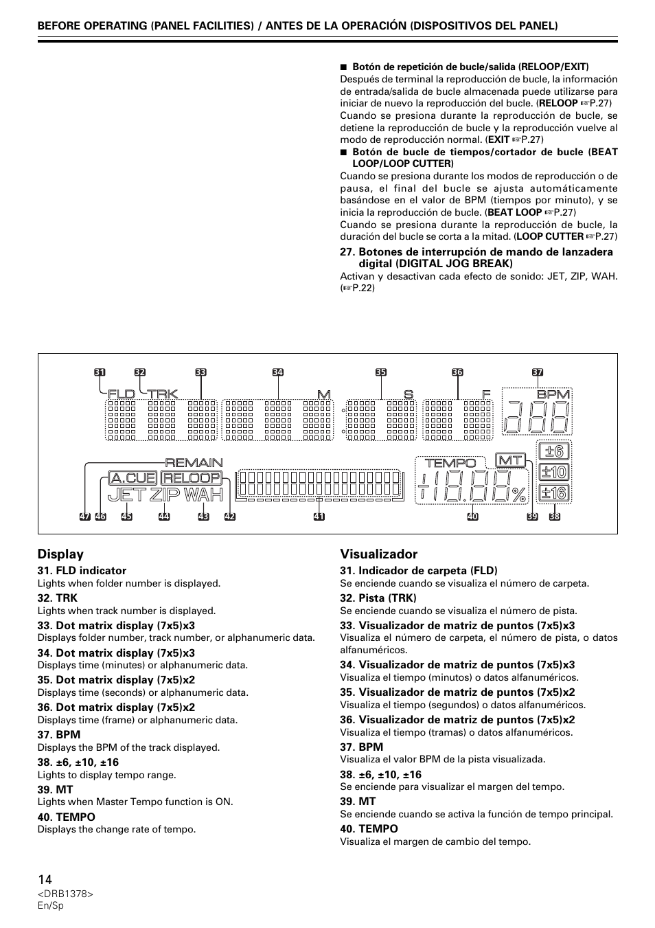 Display, Visualizador | Pioneer CDJ-200 User Manual | Page 14 / 48