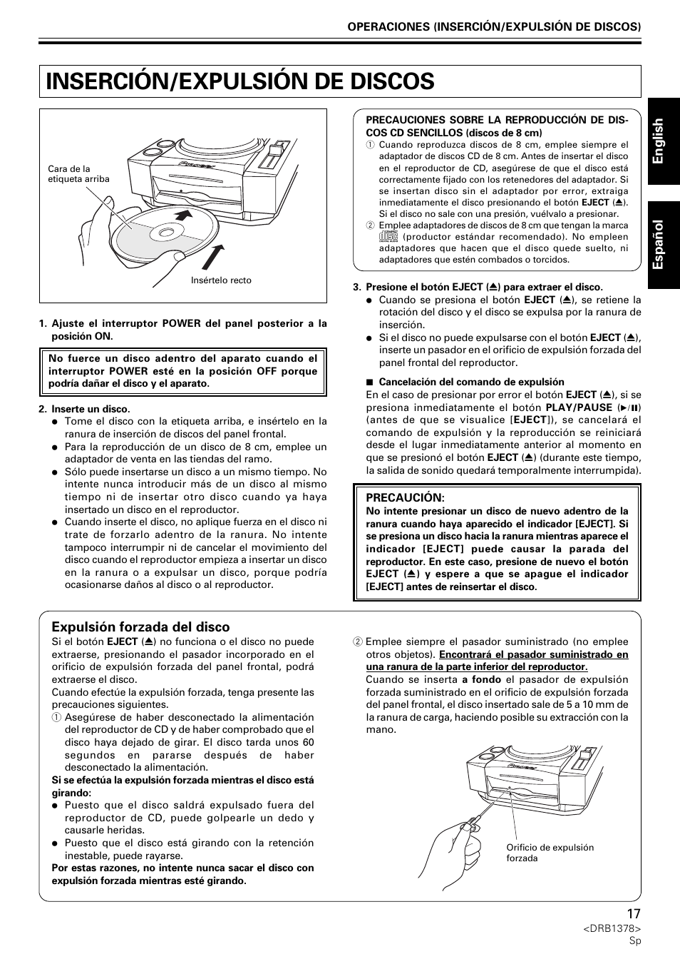 Inserción/expulsión de discos, English español, Expulsión forzada del disco | Pioneer CDJ-200 User Manual | Page 17 / 48