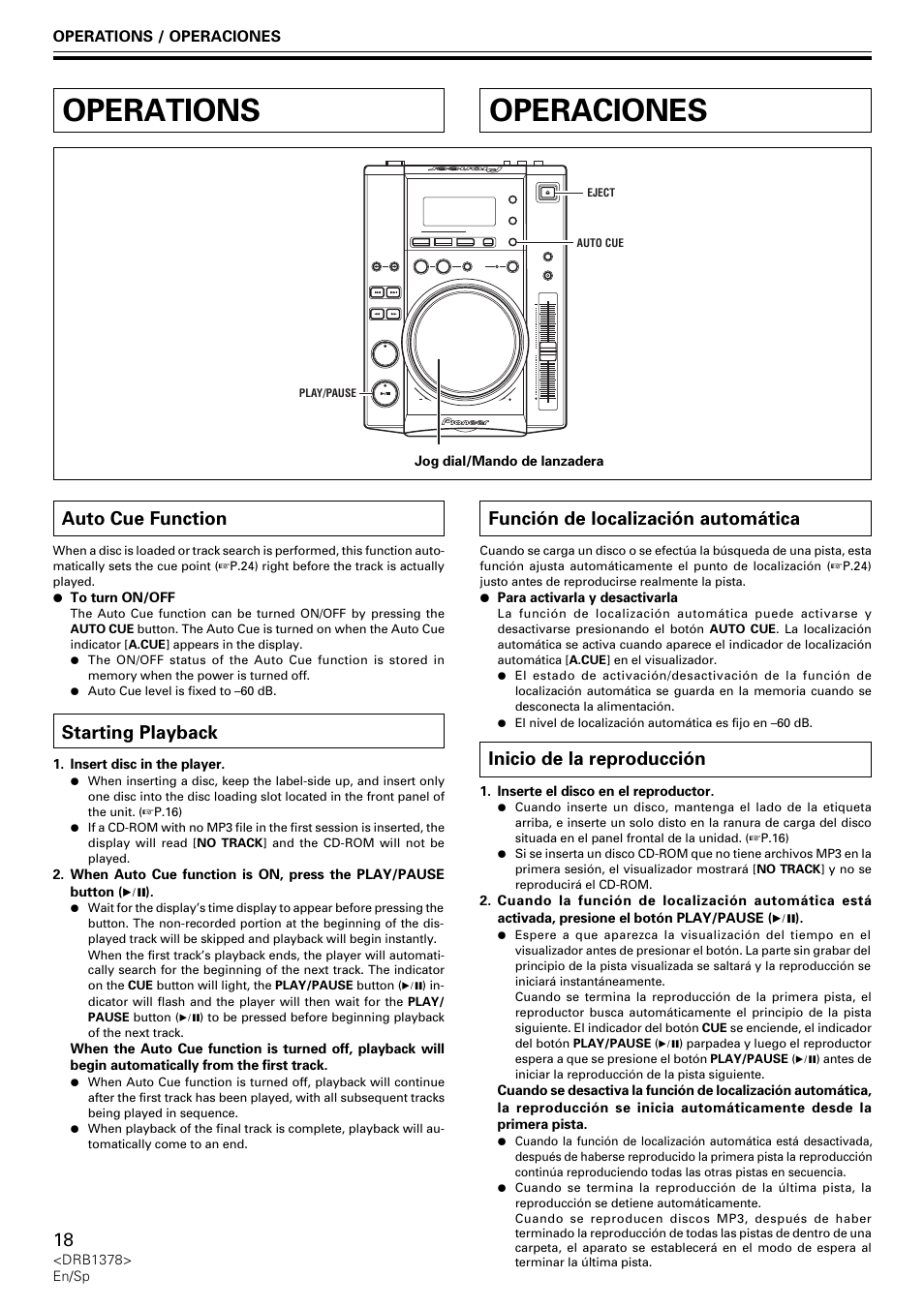 Operations, Auto cue function starting playback, Operaciones | Auto cue function, Starting playback, Función de localización automática, Inicio de la reproducción | Pioneer CDJ-200 User Manual | Page 18 / 48