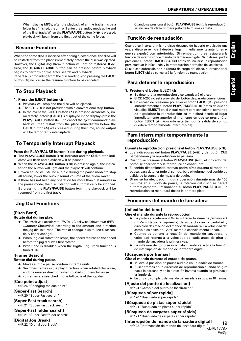 English espa ñ ol 19, Resume function, Jog dial functions | Función de reanudación, Para detener la reproducción, Para interrumpir temporalmente la reproducción, Funciones del mando de lanzadera | Pioneer CDJ-200 User Manual | Page 19 / 48