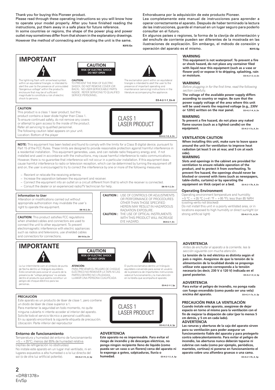 Importante, Important, Class 1 laser product | Caution, Drb1378> en/sp | Pioneer CDJ-200 User Manual | Page 2 / 48
