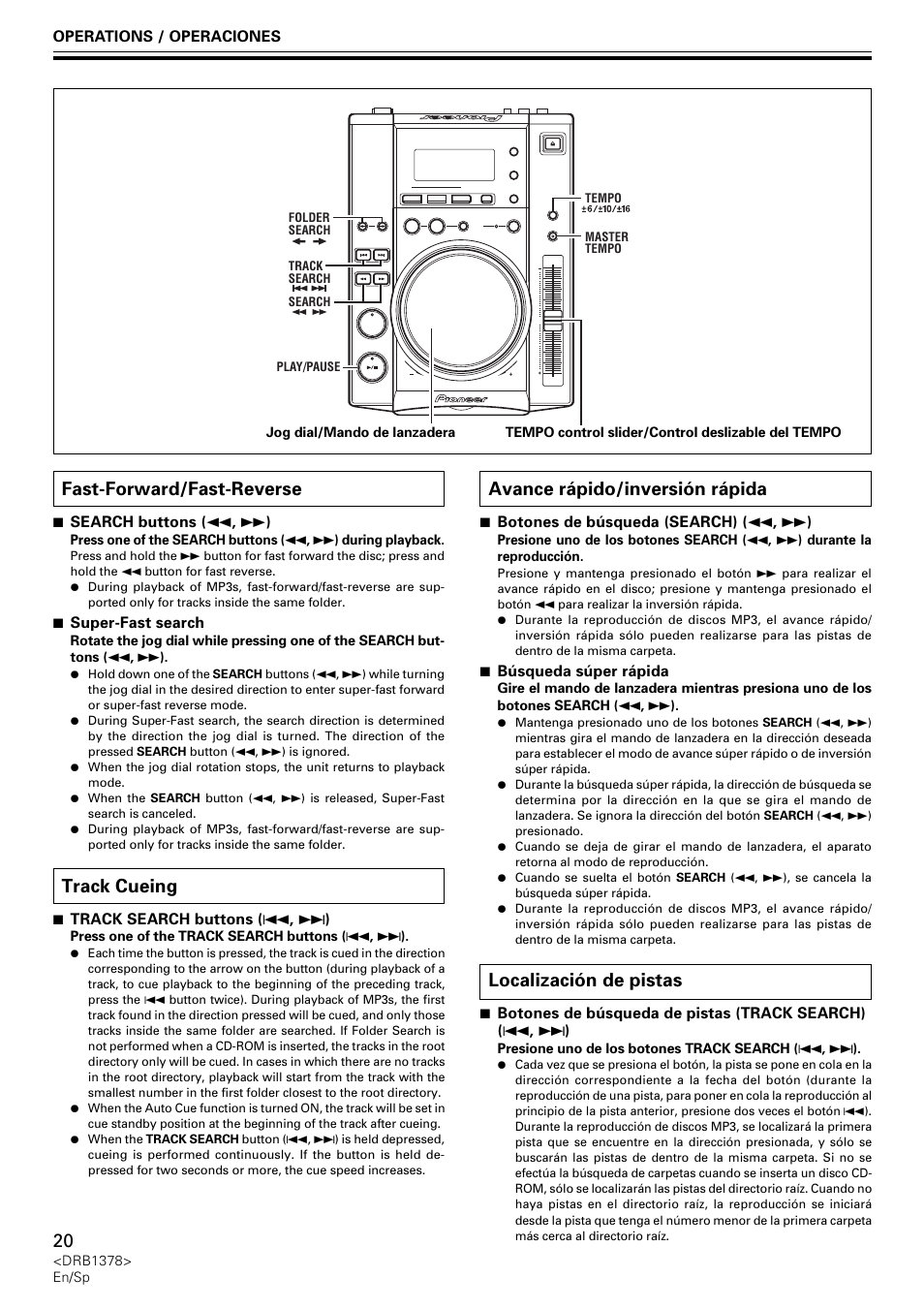 Fast-forward/fast-reverse track cueing, Fast-forward/fast-reverse, Track cueing | Avance rápido/inversión rápida, Localización de pistas | Pioneer CDJ-200 User Manual | Page 20 / 48