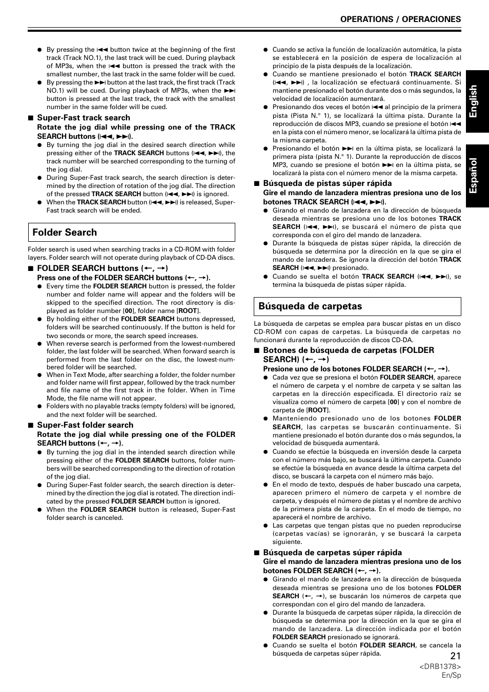 Folder search, Búsqueda de carpetas, English espa ñ ol 21 | Pioneer CDJ-200 User Manual | Page 21 / 48