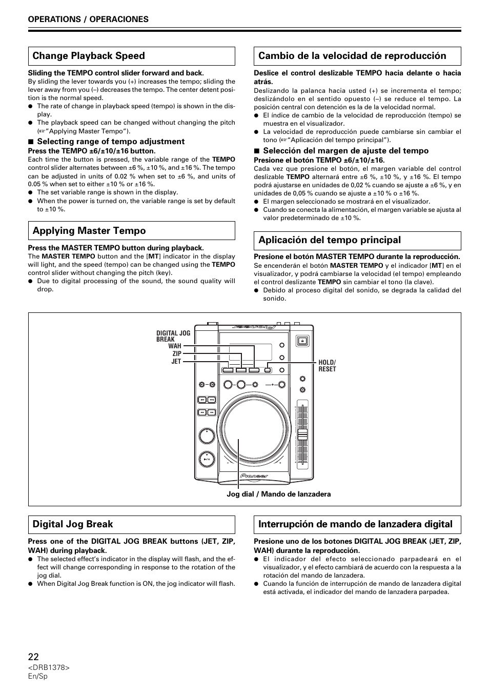 Change playback speed, Applying master tempo, Digital jog break | Cambio de la velocidad de reproducción, Aplicación del tempo principal, Interrupción de mando de lanzadera digital | Pioneer CDJ-200 User Manual | Page 22 / 48