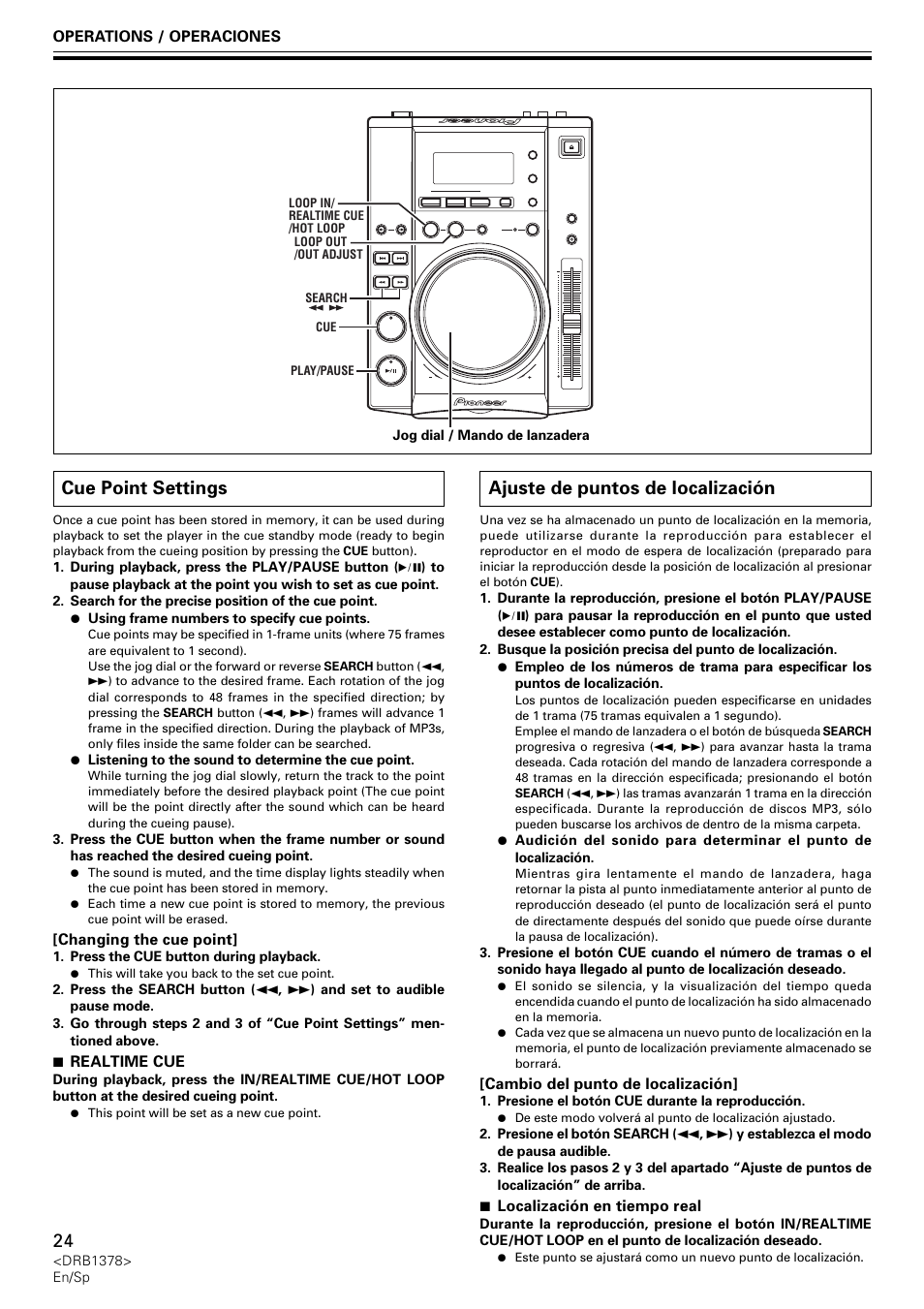 Cue point settings, Ajuste de puntos de localización | Pioneer CDJ-200 User Manual | Page 24 / 48