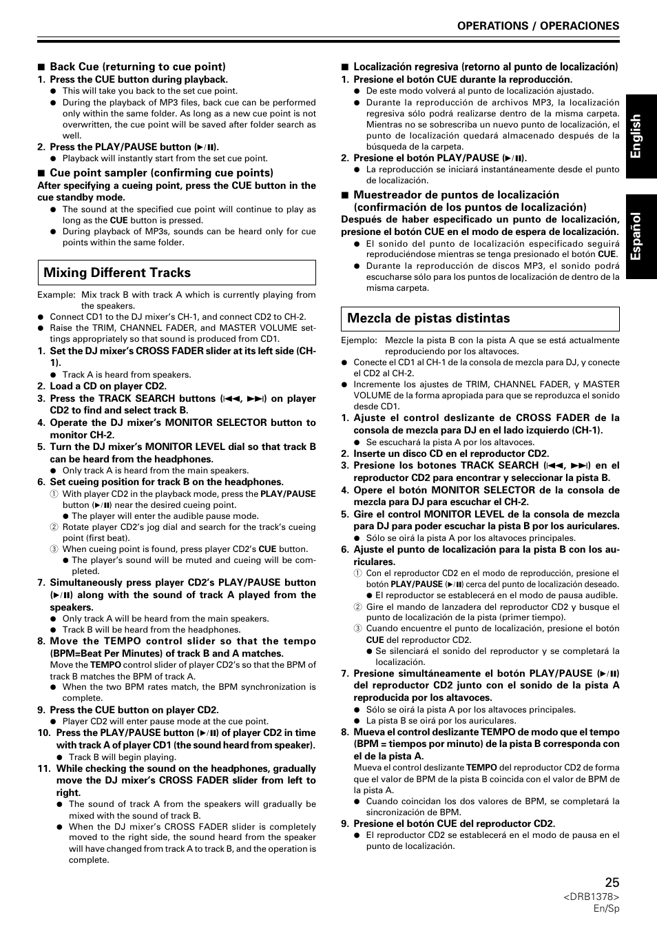 Mixing different tracks, Mezcla de pistas distintas, English espa ñ ol 25 | Pioneer CDJ-200 User Manual | Page 25 / 48