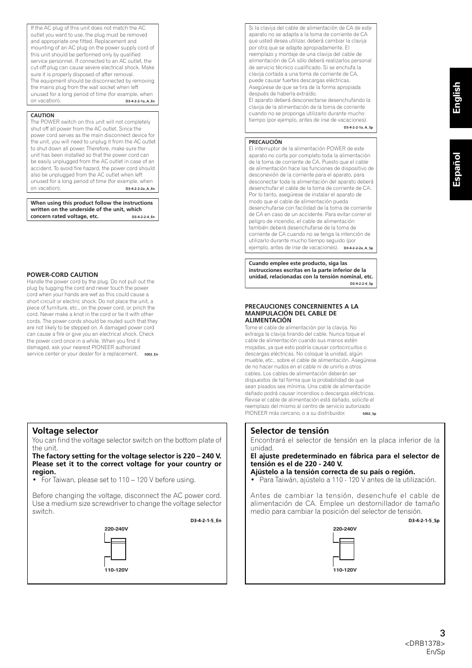 English 3, Español, Voltage selector | Selector de tensión | Pioneer CDJ-200 User Manual | Page 3 / 48