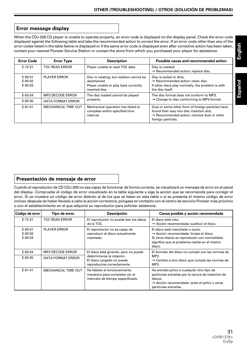 English 31, Espa ñ ol error message display, Presentación de mensaje de error | Pioneer CDJ-200 User Manual | Page 31 / 48