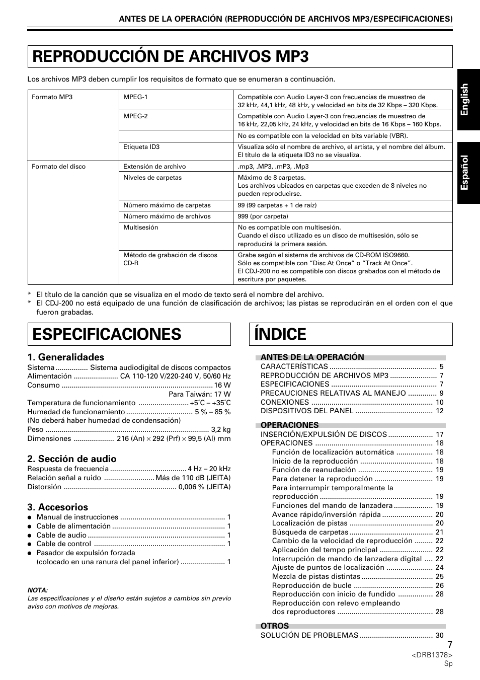 Manual de instrucciones, Reproducción de archivos mp3, Índice | Especificaciones, English espa ñ ol, Generalidades, Sección de audio, Accesorios | Pioneer CDJ-200 User Manual | Page 7 / 48