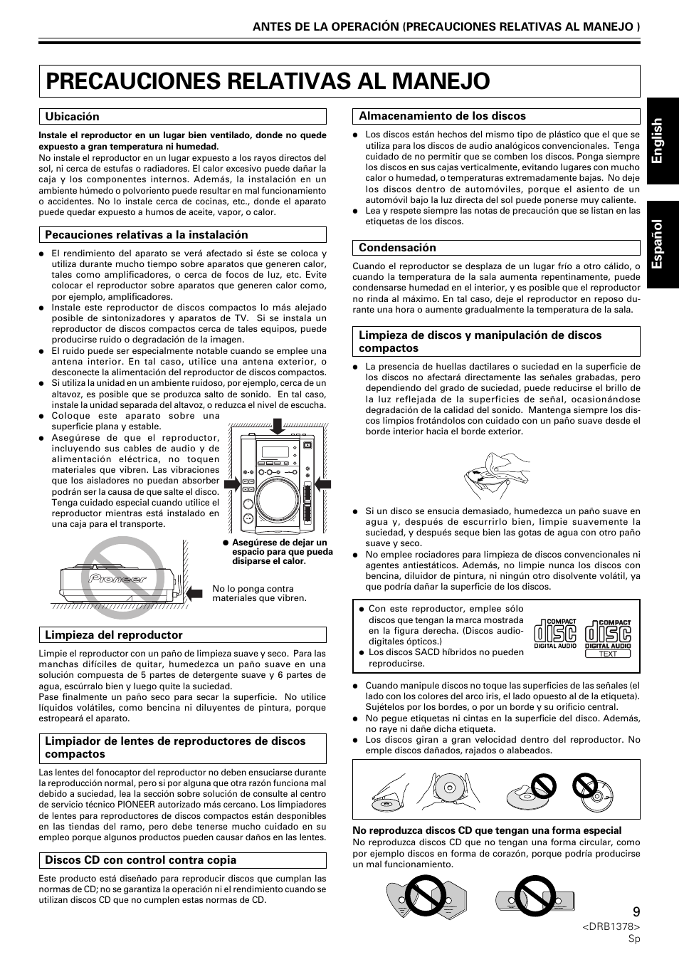 Precauciones relativas al manejo, English espa ñ ol | Pioneer CDJ-200 User Manual | Page 9 / 48