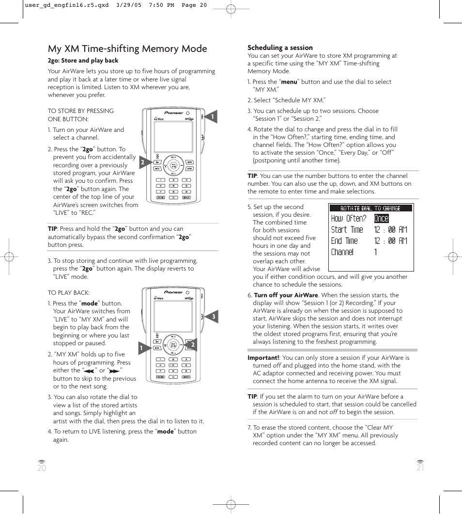 My xm time-shifting memory mode | Pioneer GEX-AIRWARE1 User Manual | Page 11 / 23