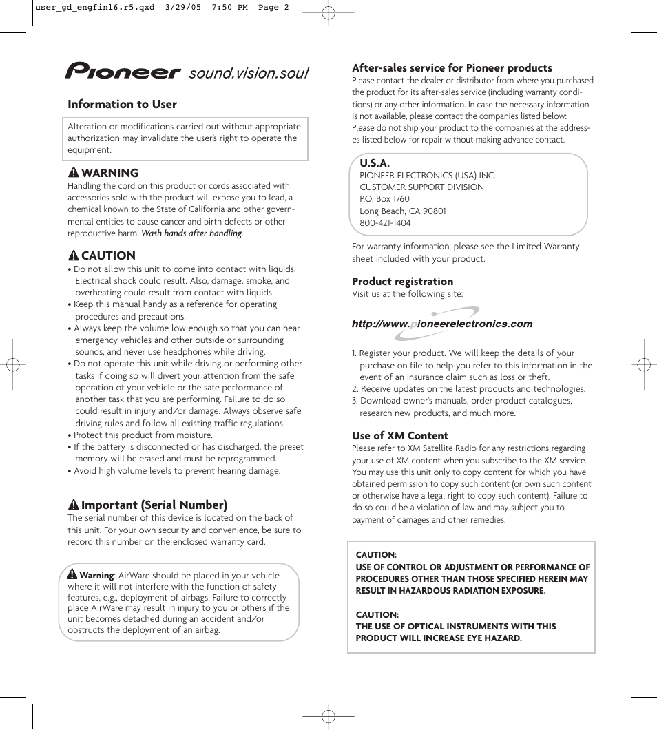 Information to user, Warning, Caution | Important (serial number) | Pioneer GEX-AIRWARE1 User Manual | Page 2 / 23