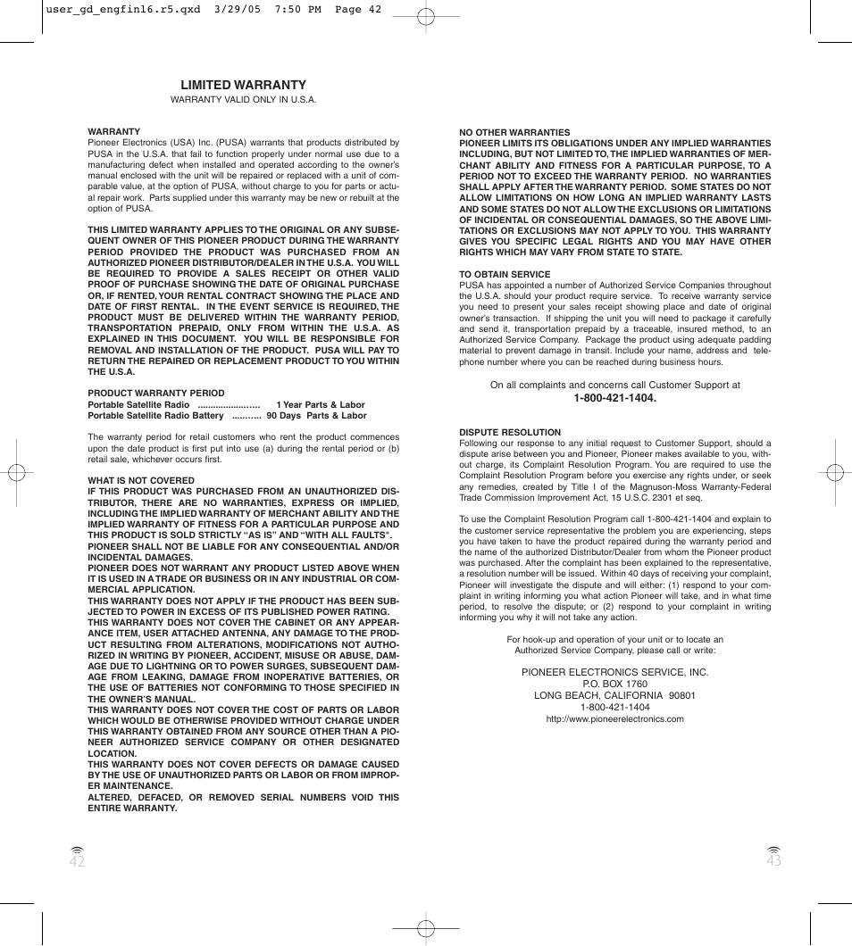 Warranty | Pioneer GEX-AIRWARE1 User Manual | Page 22 / 23