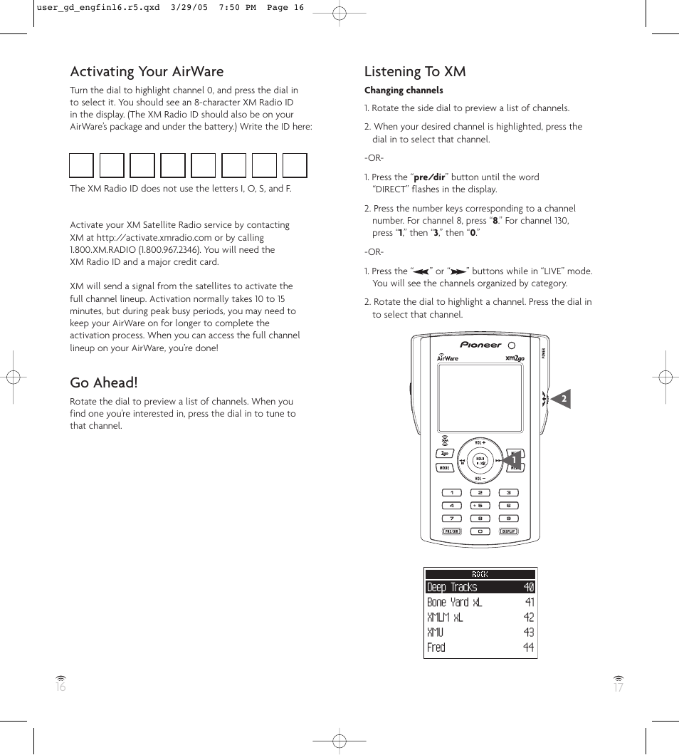 Activating your airware, Go ahead, Listening to xm | Go ahead! listening to xm, Pi radio artwork | Pioneer GEX-AIRWARE1 User Manual | Page 9 / 23