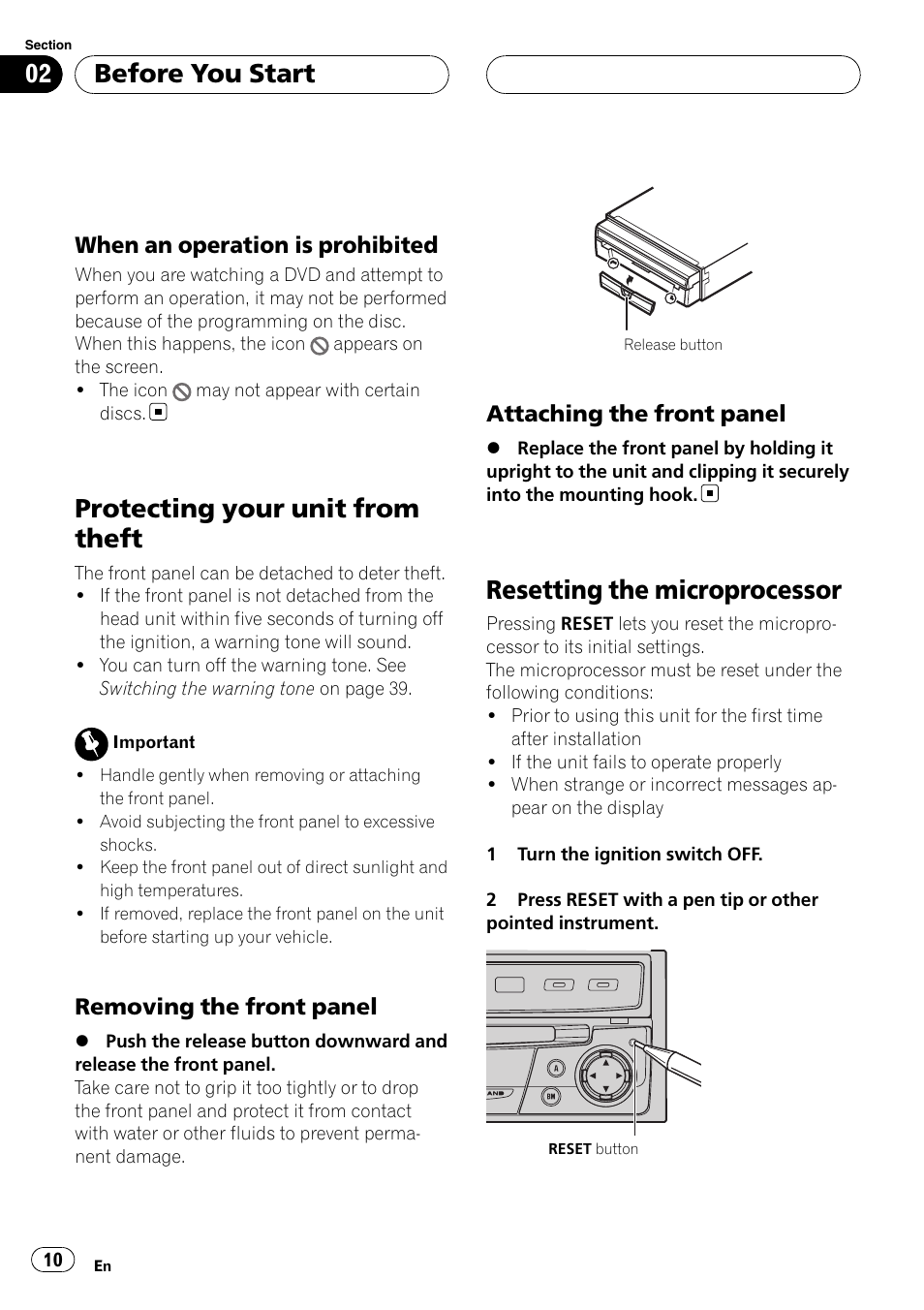 When an operation is prohibited 10, Protecting your unit from theft, Resetting the microprocessor | Before you start, When an operation is prohibited, Removing the front panel, Attaching the front panel | Pioneer AVH-P4900D User Manual | Page 10 / 85