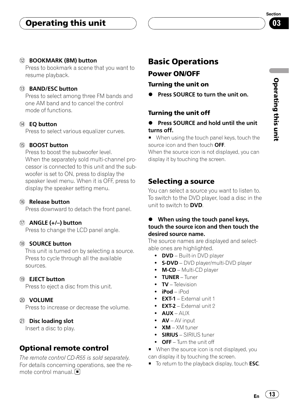 Basic operations, Operating this unit | Pioneer AVH-P4900D User Manual | Page 13 / 85