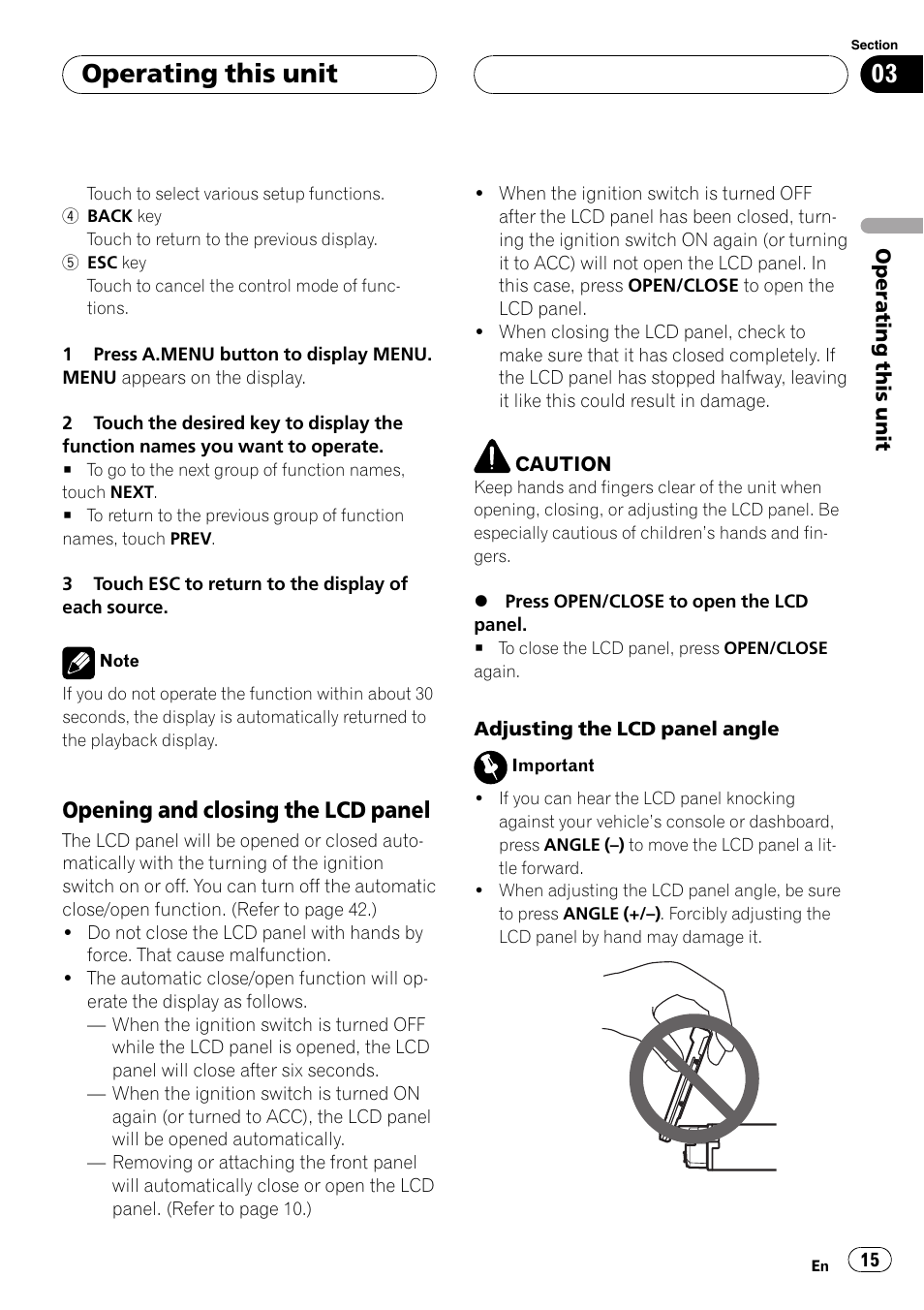 Operating this unit, Opening and closing the lcd panel | Pioneer AVH-P4900D User Manual | Page 15 / 85
