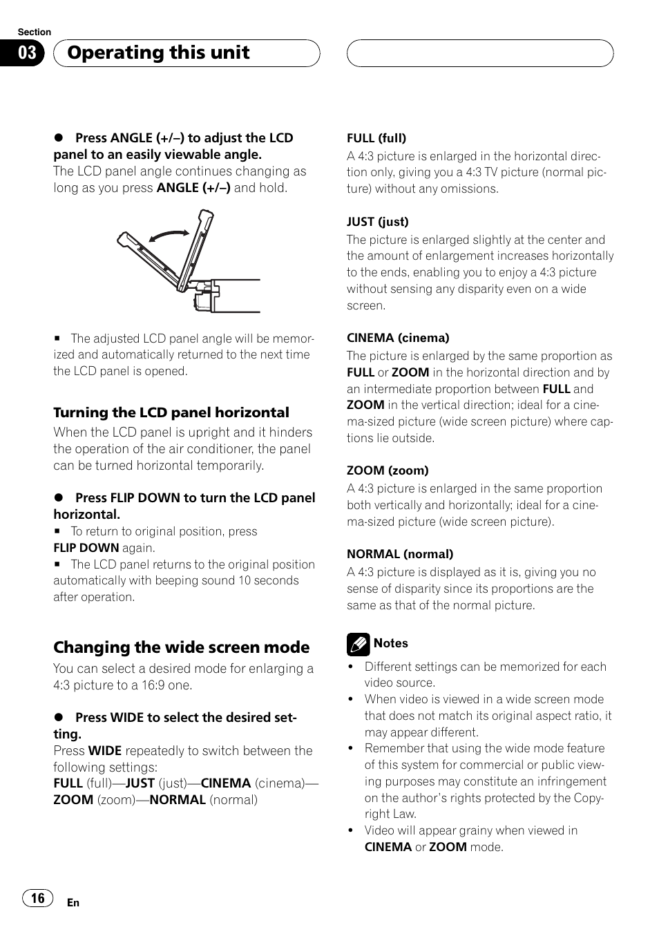 Operating this unit, Changing the wide screen mode | Pioneer AVH-P4900D User Manual | Page 16 / 85